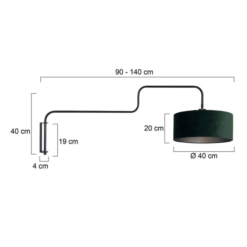 Zwarte Wandlamp Bloeba 4176ZW met wit groen velours kap - Afbeelding 6