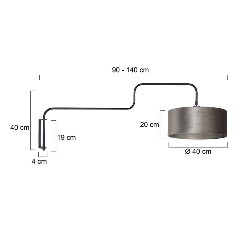 Zwarte Wandlamp Bloeba 4178ZW met grijs velours kap - Afbeelding 6