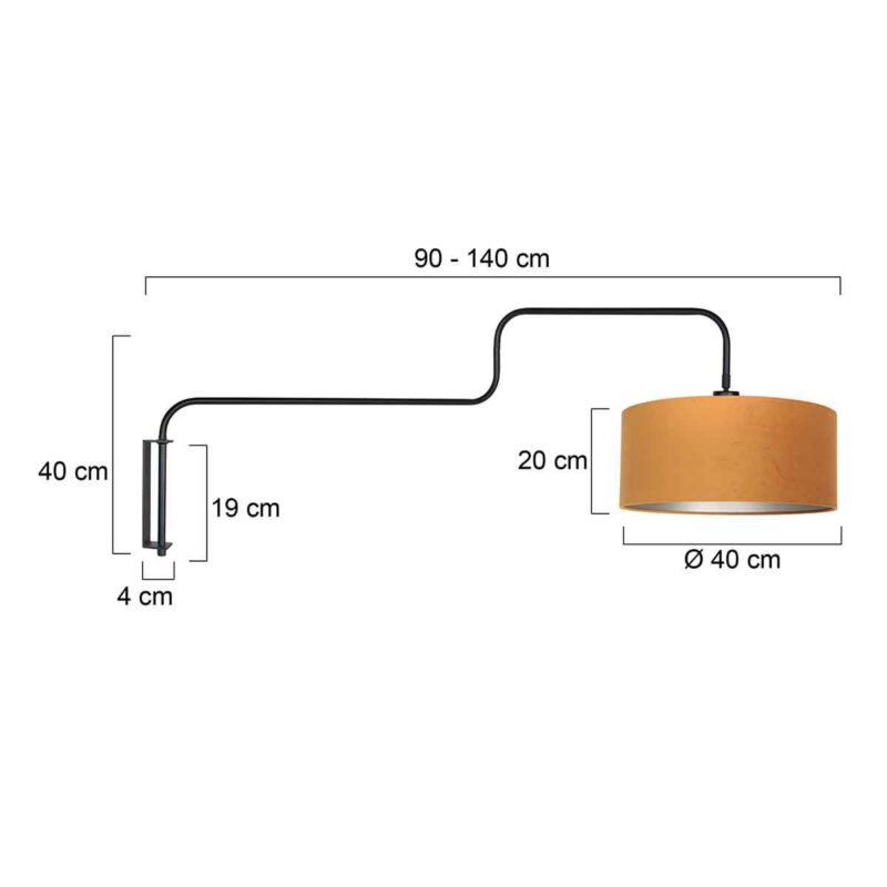 Zwarte Wandlamp Bloeba 4179ZW met goud velours kap - Afbeelding 6