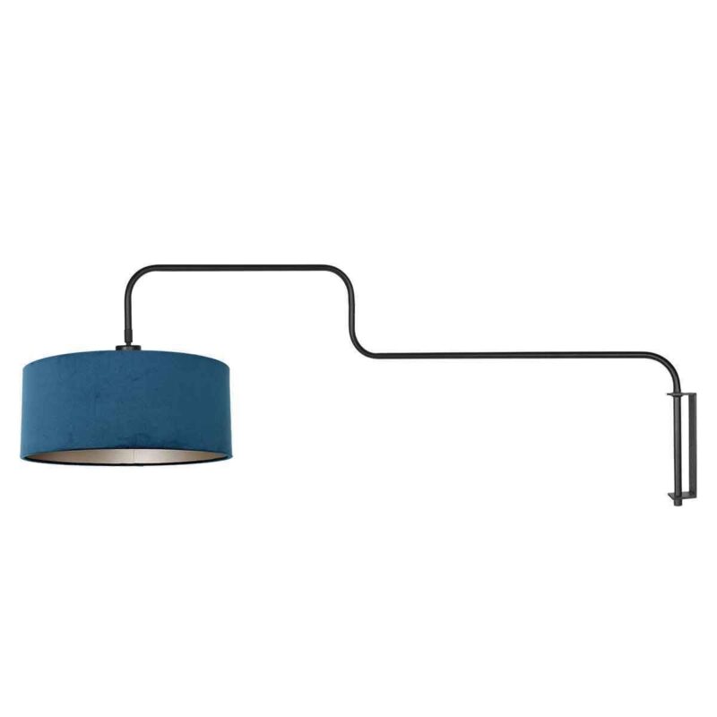 Zwarte Wandlamp Bloeba 4180ZW met blauw velours kap - Afbeelding 2