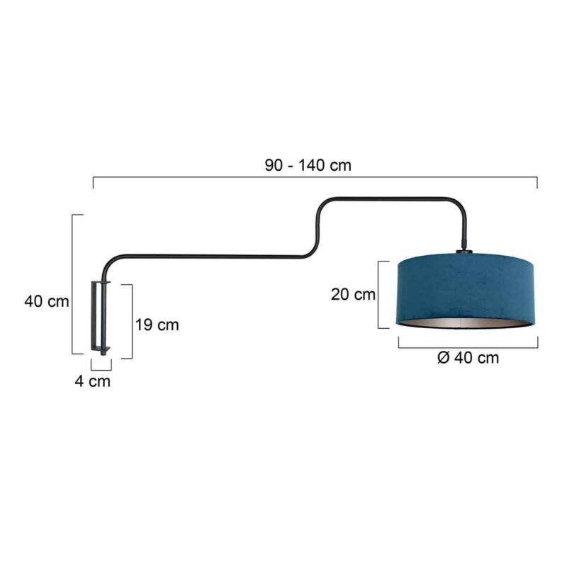 Zwarte Wandlamp Bloeba 4180ZW met blauw velours kap - Afbeelding 6