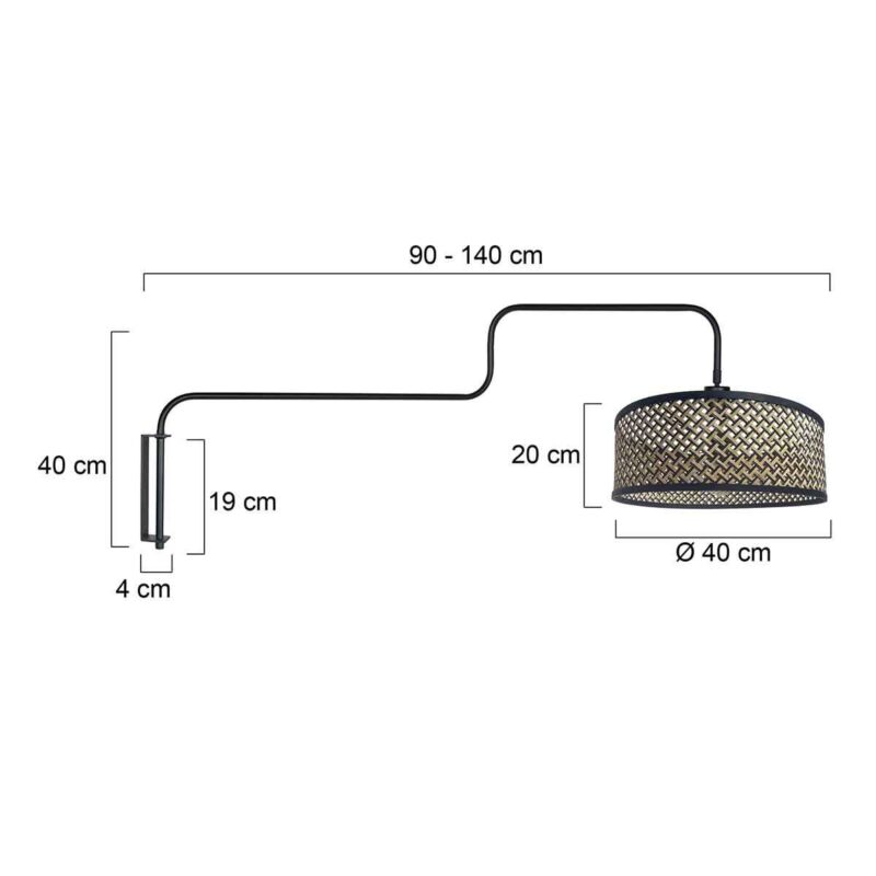 Zwarte Wandlamp Bloeba 4181ZW met naturel / zwart bamboe kap - Afbeelding 6