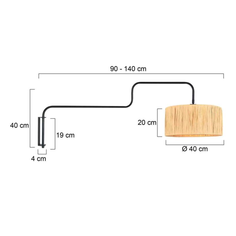 Zwarte Wandlamp Bloeba 4182ZW met naturel gras kap - Afbeelding 6