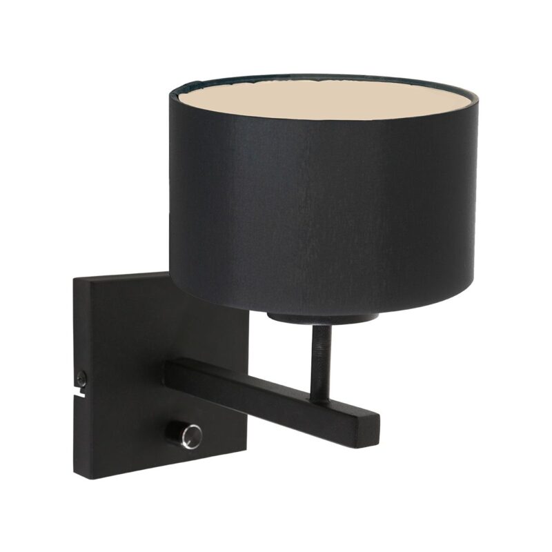 Zwarte Wandlamp Stang 7200ZW met schakelaar en kap Zwart Linnen - Afbeelding 2