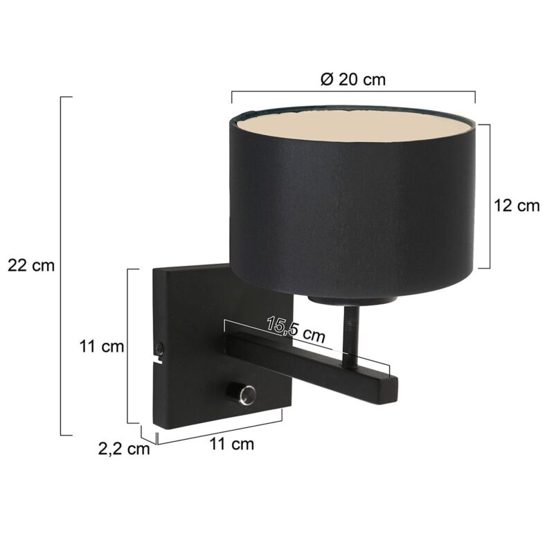 Zwarte Wandlamp Stang 7200ZW met schakelaar en kap Zwart Linnen - Afbeelding 6