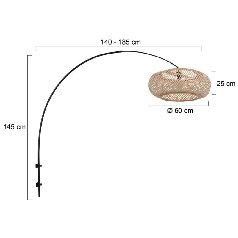 Zwarte boog wandlamp 4404ZW met naturel bamboe kap K2000HS - Afbeelding 6