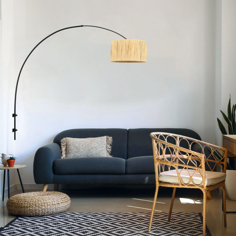 Zwarte boog wandlamp Sparkled Light 3696ZW met naturel gras ton kap - Afbeelding 3