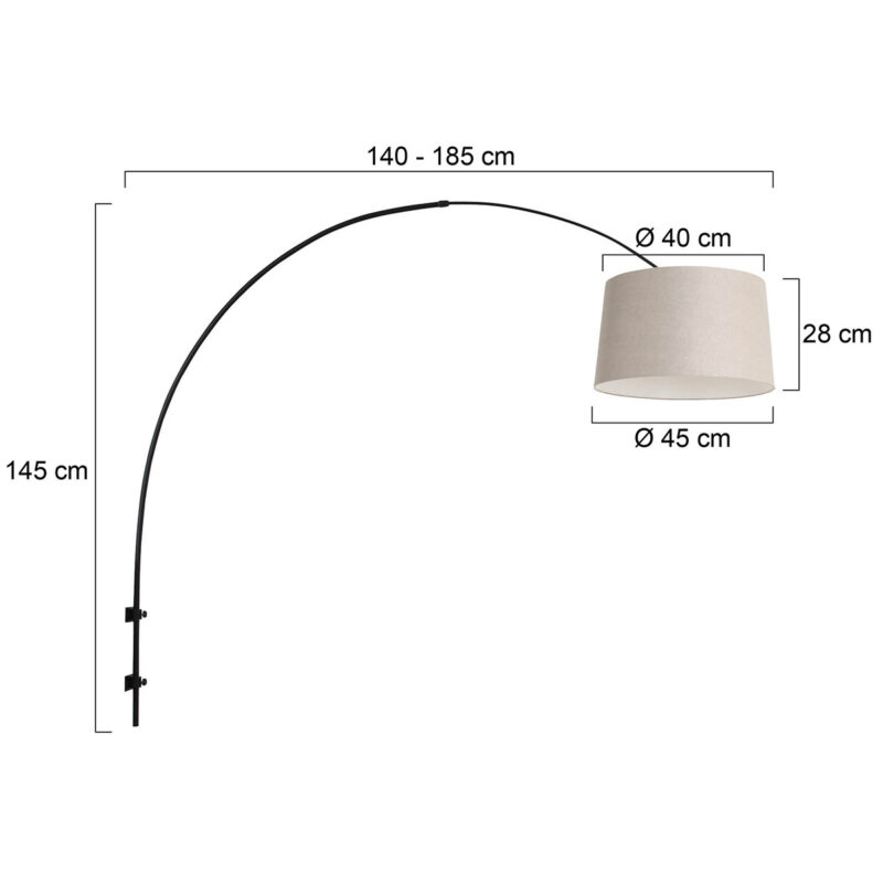 Zwarte boog wandlamp Sparkled Light 8194ZW met grijs taps toelopende linnen kap - Afbeelding 6