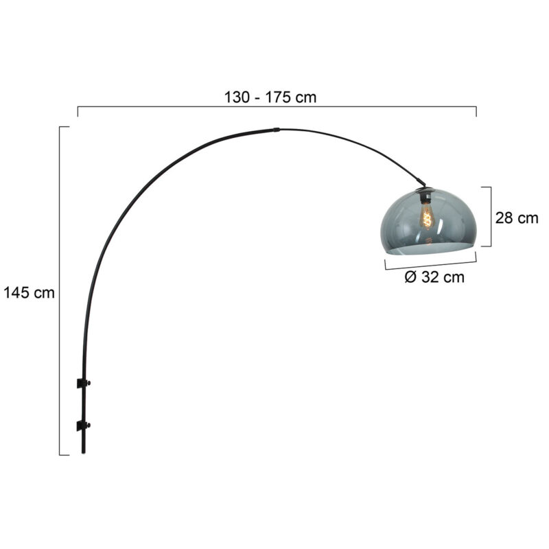 Zwarte boog wandlamp Sparkled Light 8196ZW met grijs kunststof bol kap - Afbeelding 7