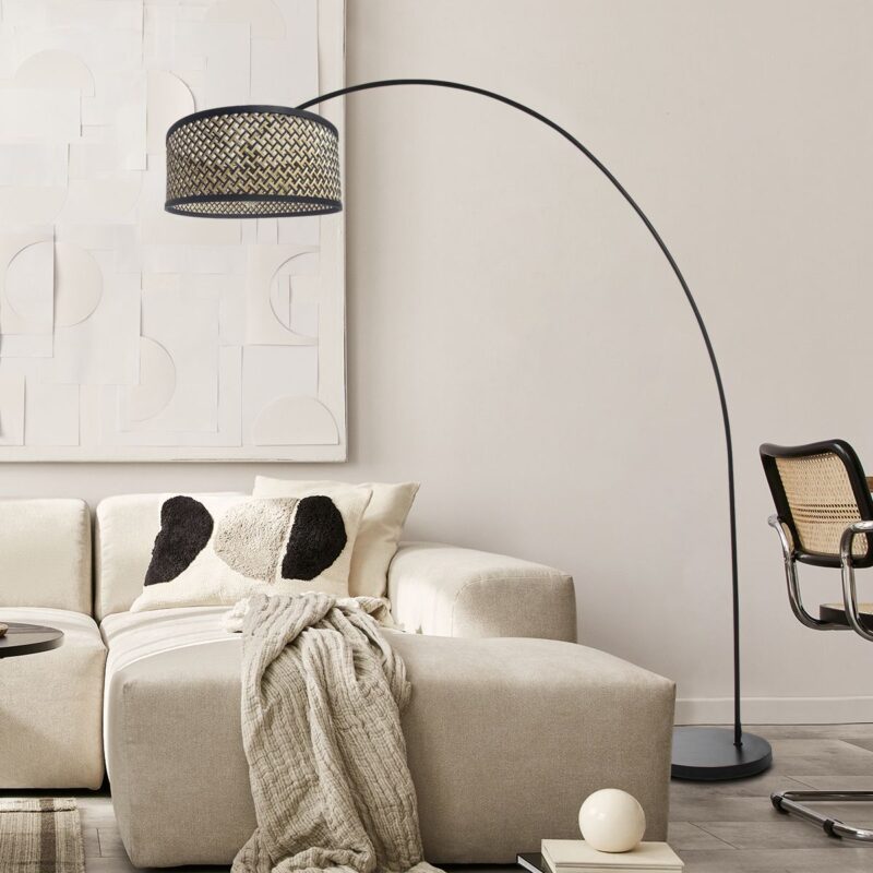 Zwarte booglamp / vloerlamp Solva 3739ZW met naturel met zwart bamboe kap - Afbeelding 3