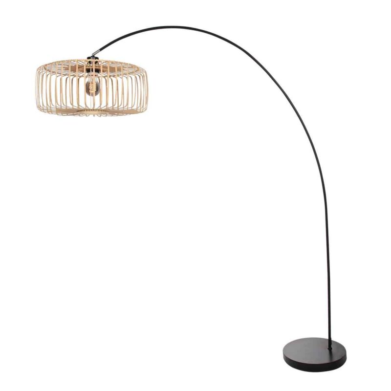 Zwarte booglamp / vloerlamp Solva 4156ZW met naturel bamboe kap - Afbeelding 2