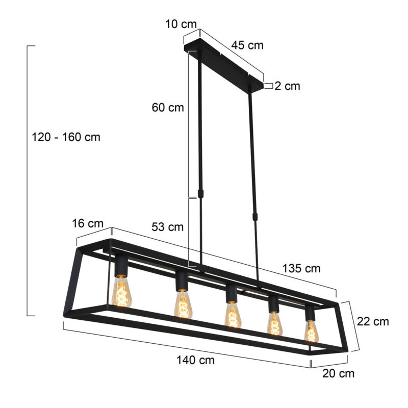 Zwarte hanglamp Buckley 2675ZW met 5 x een E27 fitting - Afbeelding 8