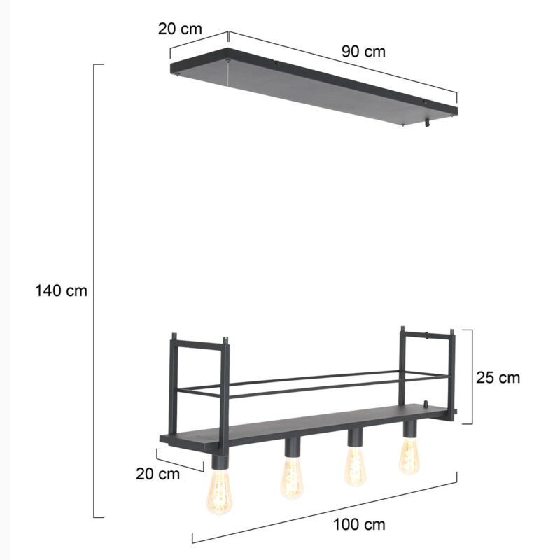 Zwarte hanglamp Buckley  2983ZW met plateau en 4 x een E27 fitting - Afbeelding 7