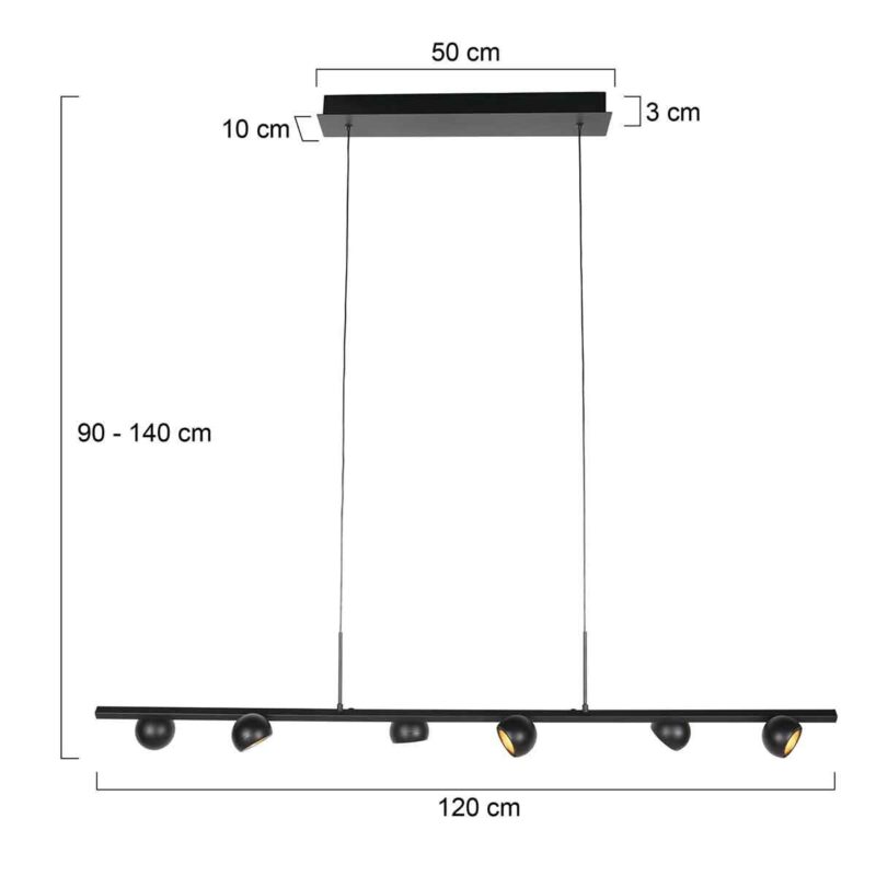 Zwarte hanglamp Marcadore 120cm breed 6 lichts - Afbeelding 6