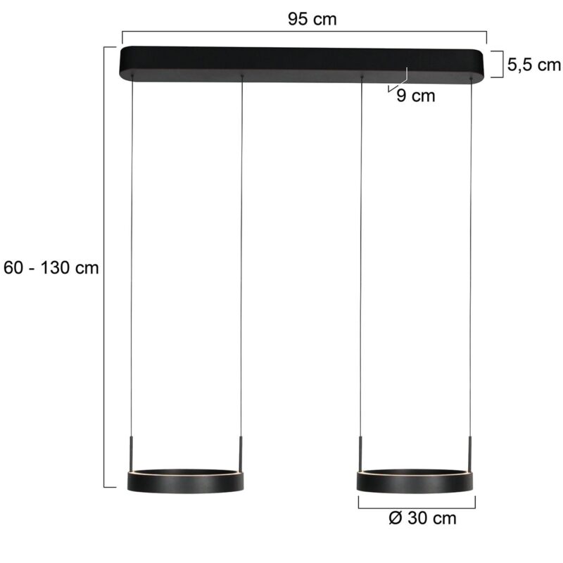 Zwarte hanglamp Mykty 4204 – Twee zwevende cirkels, individueel in hoogte verstelbaar, 6000 lumen, 2700K - Afbeelding 6