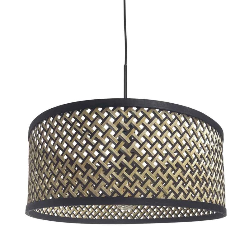 Zwarte hanglamp Sparkled Light 3753ZW met blank met zwart bamboe kap