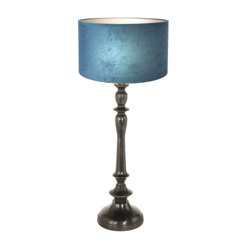 Zwarte lampenvoet Bois 3772ZW met blauw velours lampenkap - Afbeelding 2