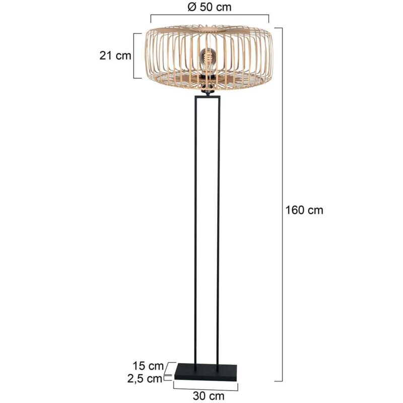 Zwarte staande lamp Stang 4157ZW met E27 fitting en naturelkleurige bamboe kap - Afbeelding 7