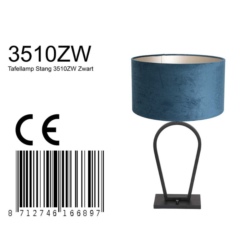 Zwarte tafellamp Stang 3510ZW met blauw velours kap en aan / uit schakelaar - Afbeelding 9