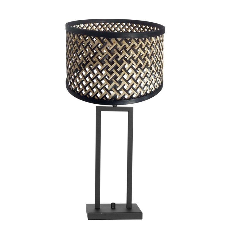 Zwarte tafellamp Stang 3703ZW met draai schakelaar en naturel / zwart bamboe kap - Afbeelding 2