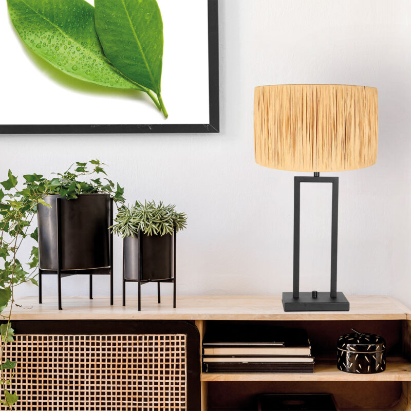 Zwarte tafellamp Stang 3704ZW met draai schakelaar en naturel gras kap - Afbeelding 3