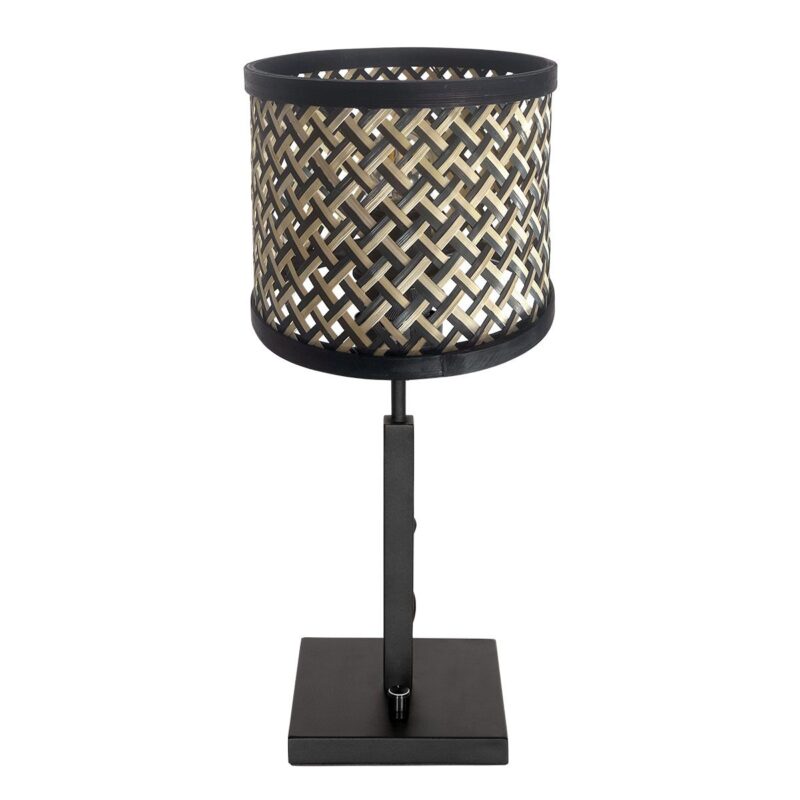 Zwarte tafellamp Stang 3707ZW met draai schakelaar en naturel met zwart bamboe kap - Afbeelding 2