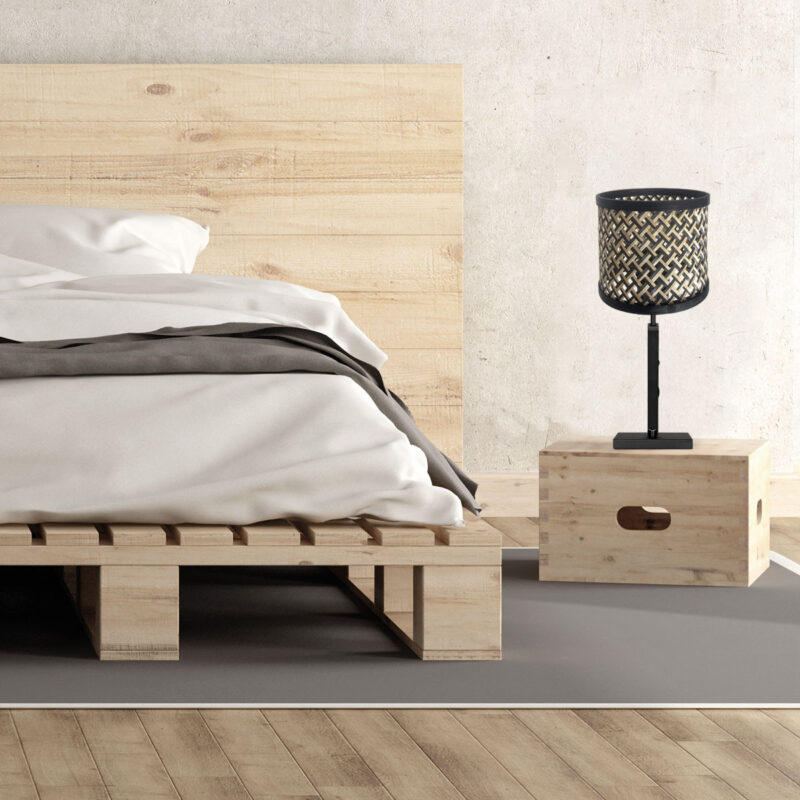 Zwarte tafellamp Stang 3707ZW met draai schakelaar en naturel met zwart bamboe kap - Afbeelding 3