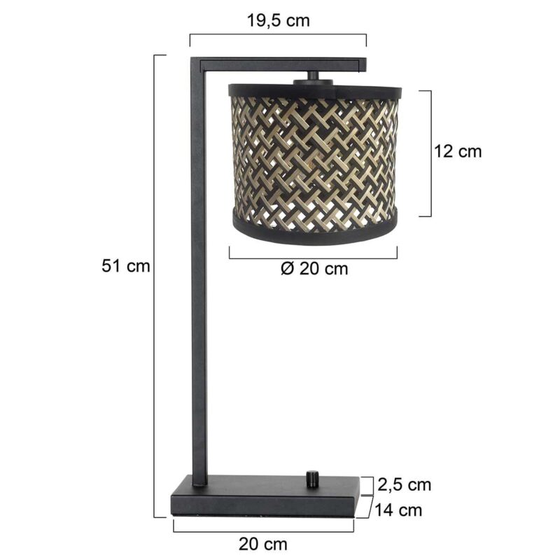 Zwarte tafellamp Stang 3715ZW met naturel / zwart bamboe kap - Afbeelding 6