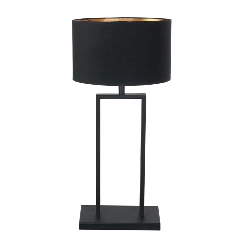 Zwarte tafellamp Stang 3984ZW met E27 fitting en zwart linnen kap met goudkleurige binnenkant - Afbeelding 2