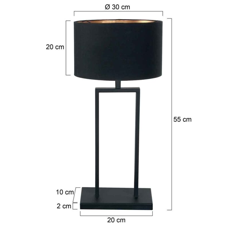 Zwarte tafellamp Stang 3984ZW met E27 fitting en zwart linnen kap met goudkleurige binnenkant - Afbeelding 6