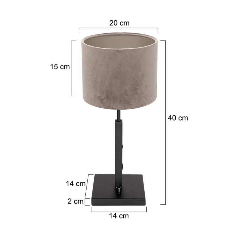 Zwarte tafellamp Stang 8163ZW met draai schakelaar en grijs velours stof kap - Afbeelding 6