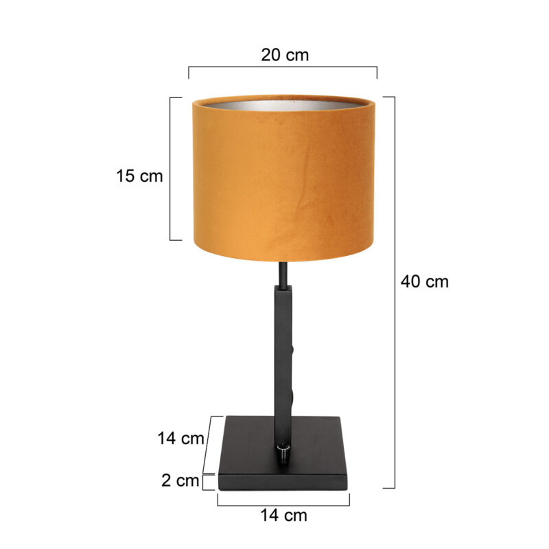 Zwarte tafellamp Stang 8164ZW met draai schakelaar en goud velours stof kap - Afbeelding 6
