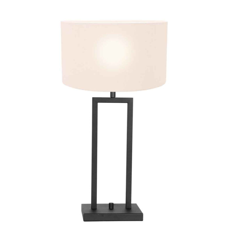 Lampe de table noire Stan 8209ZW avec interrupteur rotatif et abat-jour en lin blanc