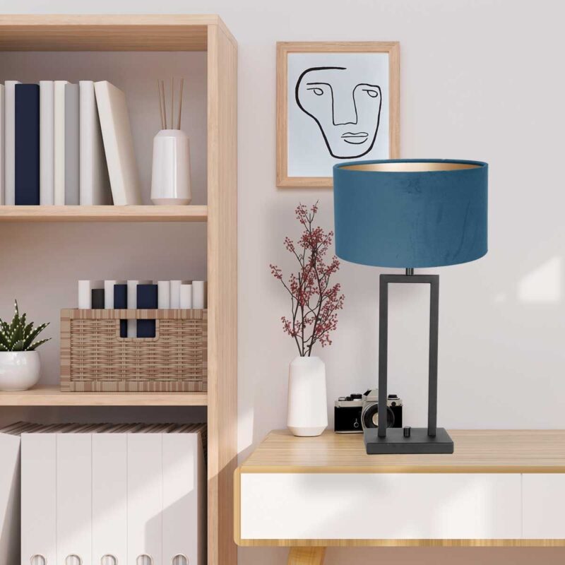 Zwarte tafellamp Stang 8215ZW met draai schakelaar en blauw velours kap - Afbeelding 3