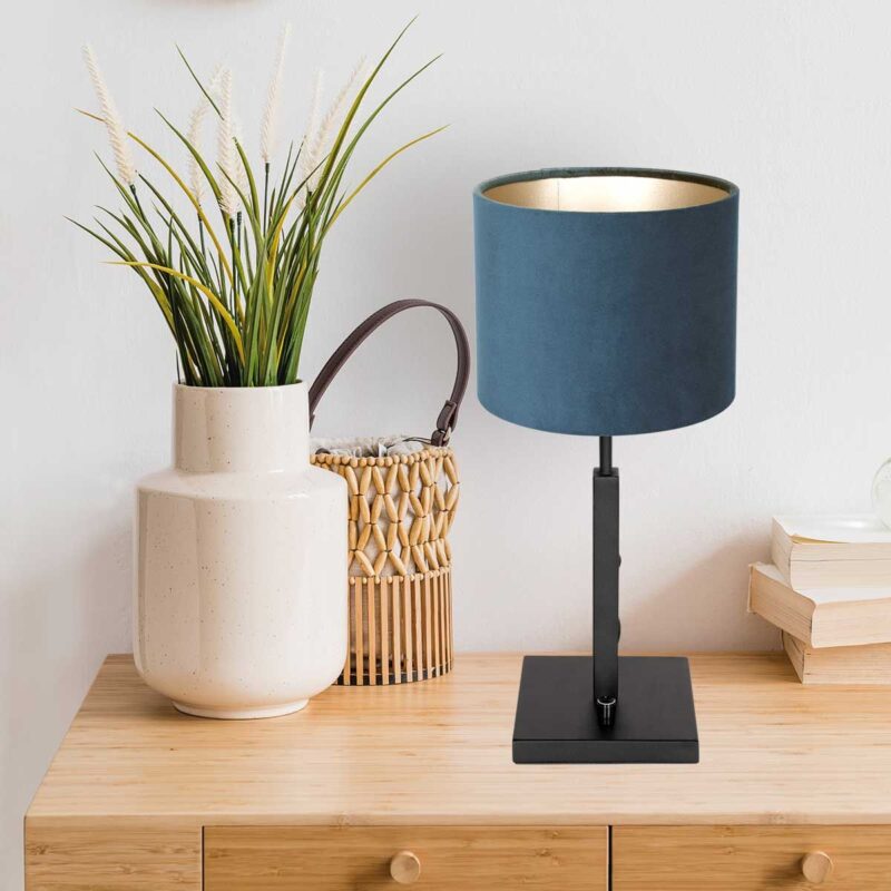 Zwarte tafellamp Stang 8249ZW met draai schakelaar en blauw velours stof kap - Afbeelding 3
