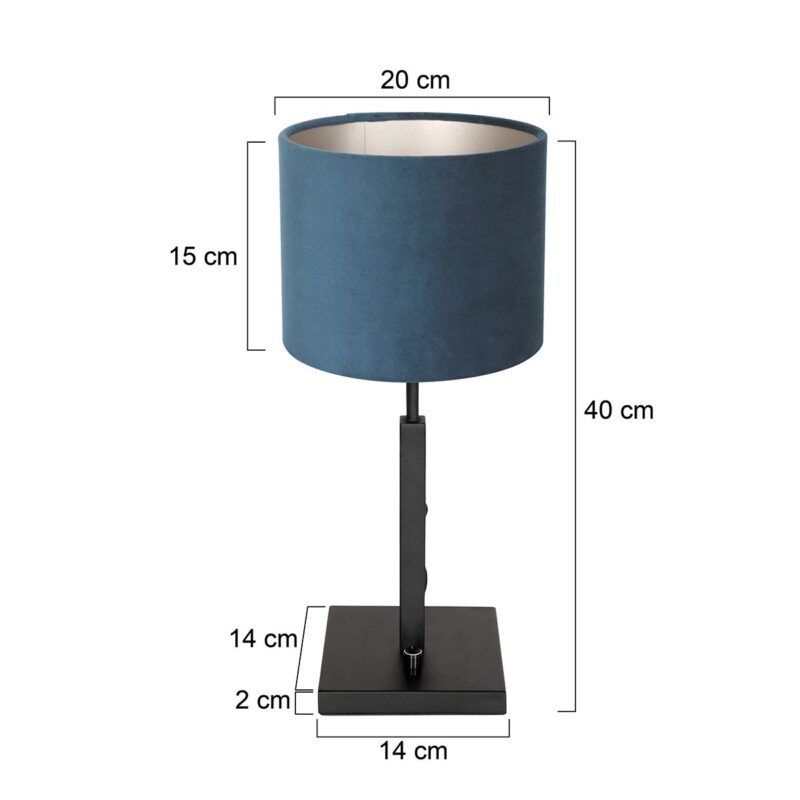 Zwarte tafellamp Stang 8249ZW met draai schakelaar en blauw velours stof kap - Afbeelding 7