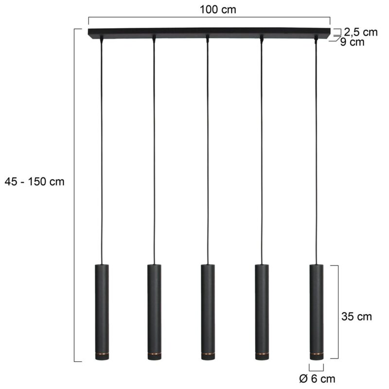 Zwarte vijflichts Hanglamp DownLume 4216ZW met GU10 fitting - Afbeelding 6