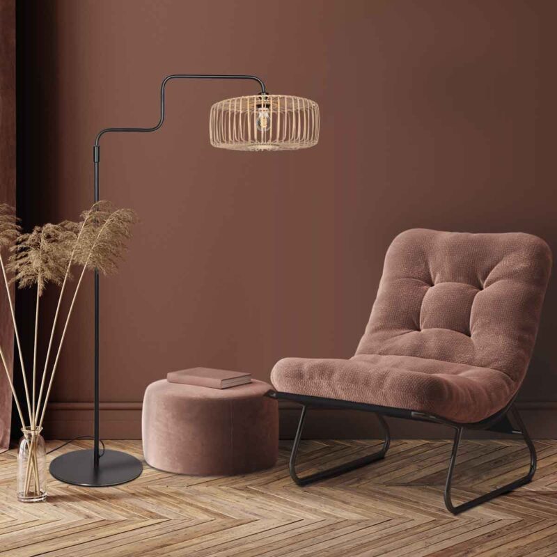 Zwarte vloerlamp Bloeba 4159ZW met naturel bamboe kap - Afbeelding 3