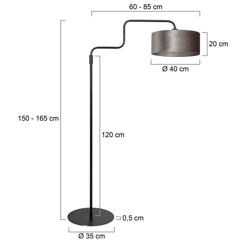 Zwarte vloerlamp Bloeba 4167ZW met grijs velours kap - Afbeelding 6
