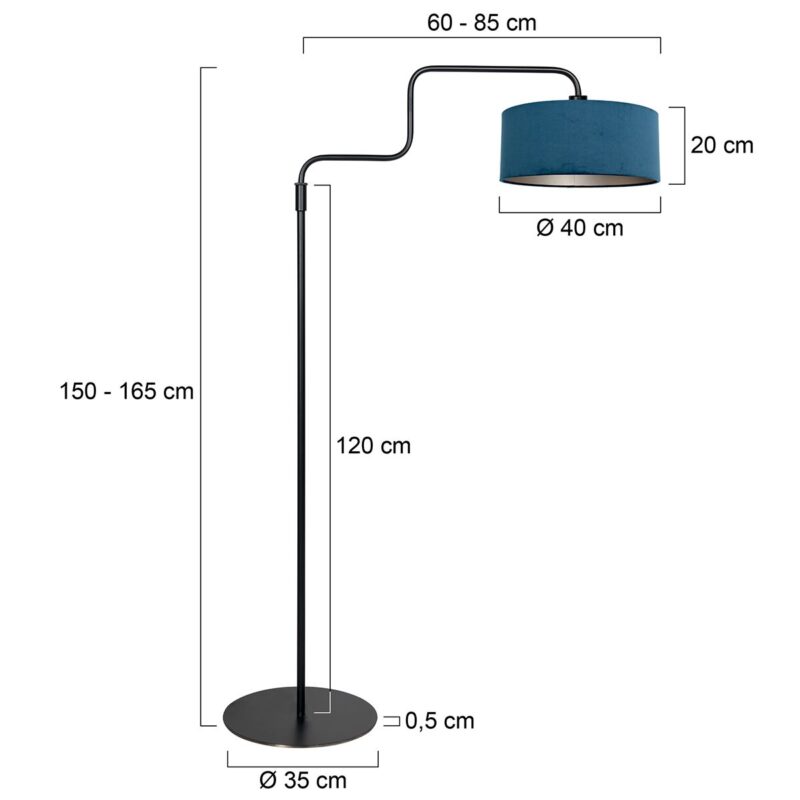 Zwarte vloerlamp Bloeba 4169ZW met blauw velours kap - Afbeelding 6