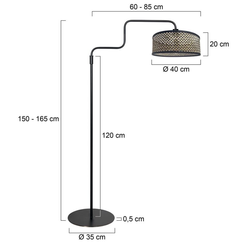 Zwarte vloerlamp Bloeba 4170ZW met naturel zwart bamboe kap - Afbeelding 6