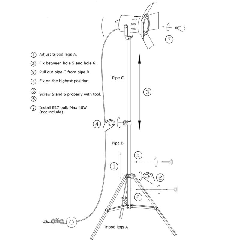 Zwarte vloerlamp Carree 1577ZW met E27 fitting en snoer schakelaar - Afbeelding 9
