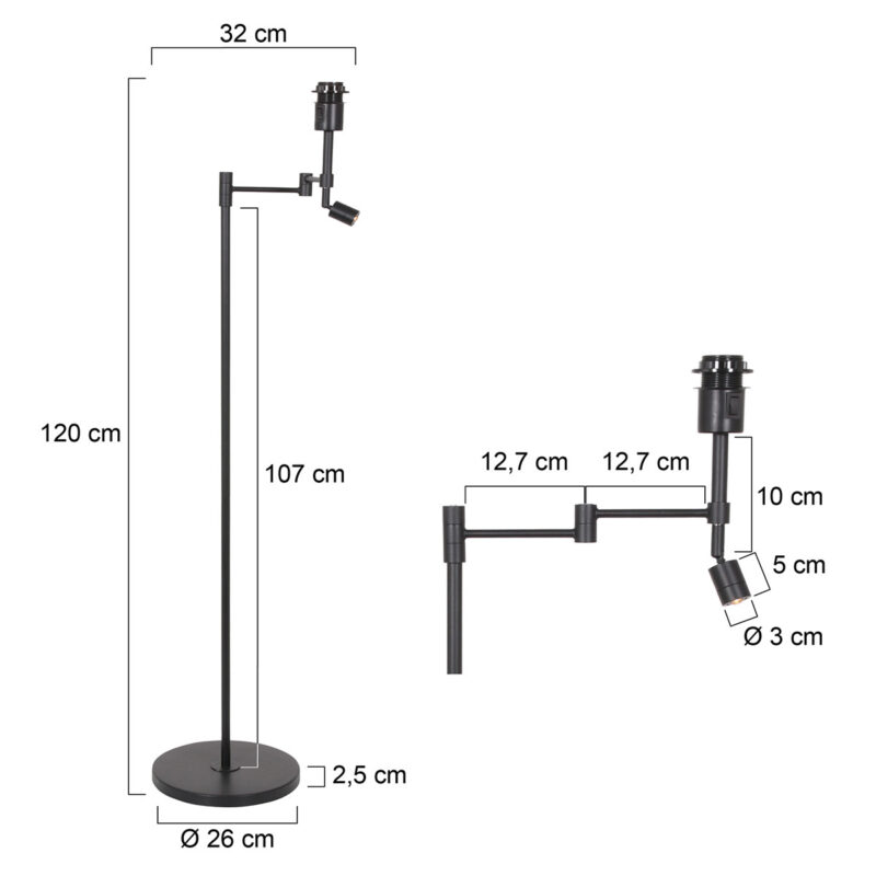 Zwarte vloerlamp Stang 3349ZW met leeslamp zonder kap - Afbeelding 6