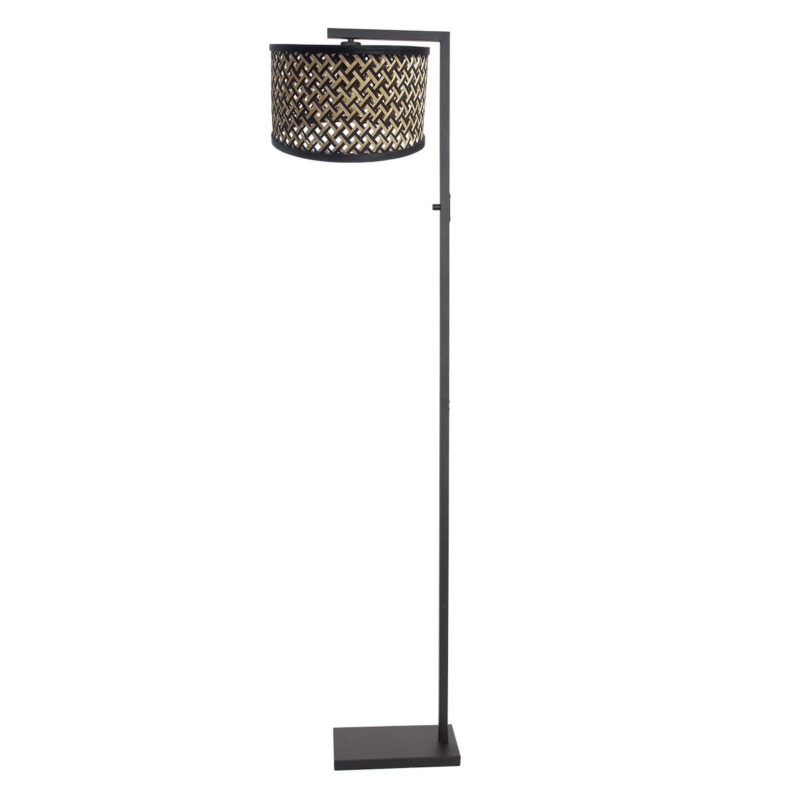 Zwarte vloerlamp Stang 3705ZW met schakelaar en naturel/zwart bamboe kap - Afbeelding 2