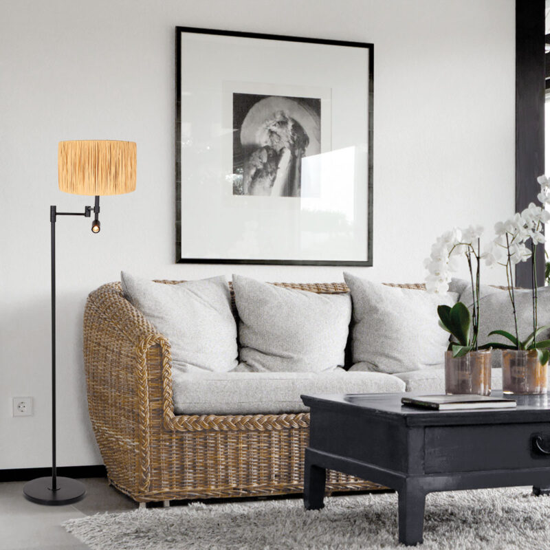Zwarte vloerlamp Stang 3718ZW met leeslamp en naturel gras kap - Afbeelding 3