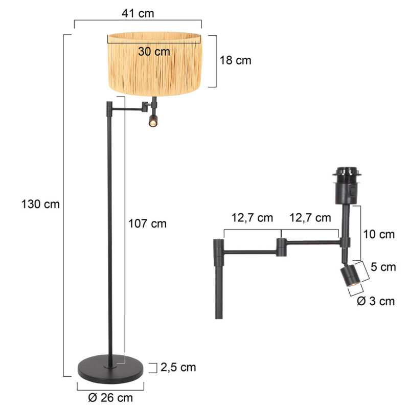 Zwarte vloerlamp Stang 3718ZW met leeslamp en naturel gras kap - Afbeelding 7