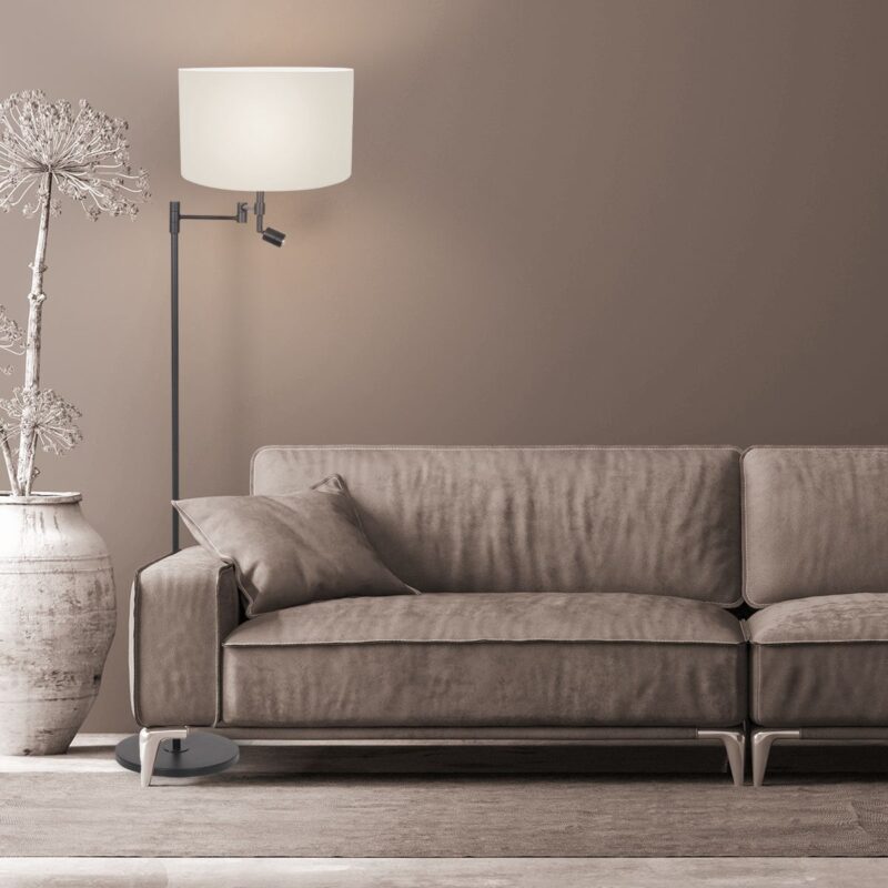Zwarte vloerlamp Stang 7178ZW met leeslamp en wit linnen kap - Afbeelding 3