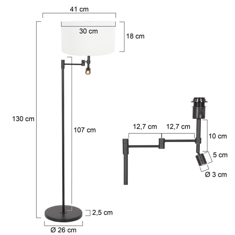 Zwarte vloerlamp Stang 7178ZW met leeslamp en wit linnen kap - Afbeelding 7