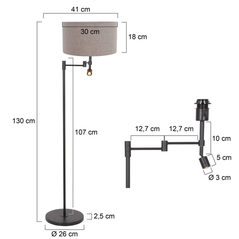 Zwarte vloerlamp Stang 7179ZW met leeslamp en grijs linnen kap - Afbeelding 7