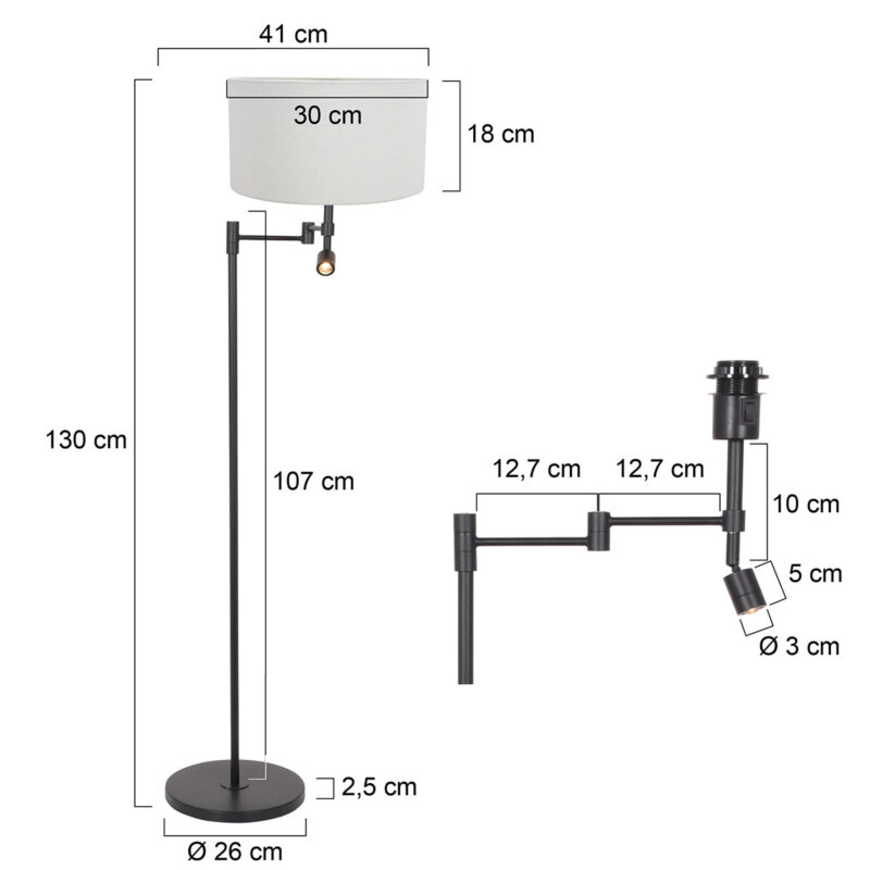Zwarte vloerlamp Stang 7180ZW met leeslamp en wit linnen kap - Afbeelding 6